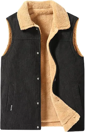 Mens Corduroy Fleece Vests Sherpa Lined Puffer Winter Warm Outdoor Outerwear Padded Sleeveless Jacket with Pockets