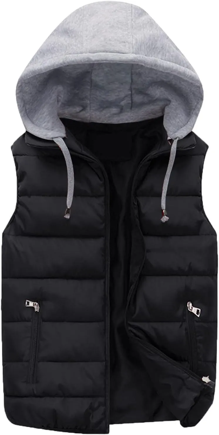 Men's Fall Winter Vests Outerwear Removable Hooded Padded Puffer Vest Casual Sleeveless Jacket with Zip Pockets