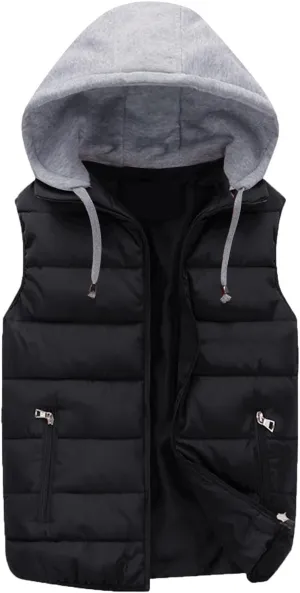 Men's Fall Winter Vests Outerwear Removable Hooded Padded Puffer Vest Casual Sleeveless Jacket with Zip Pockets