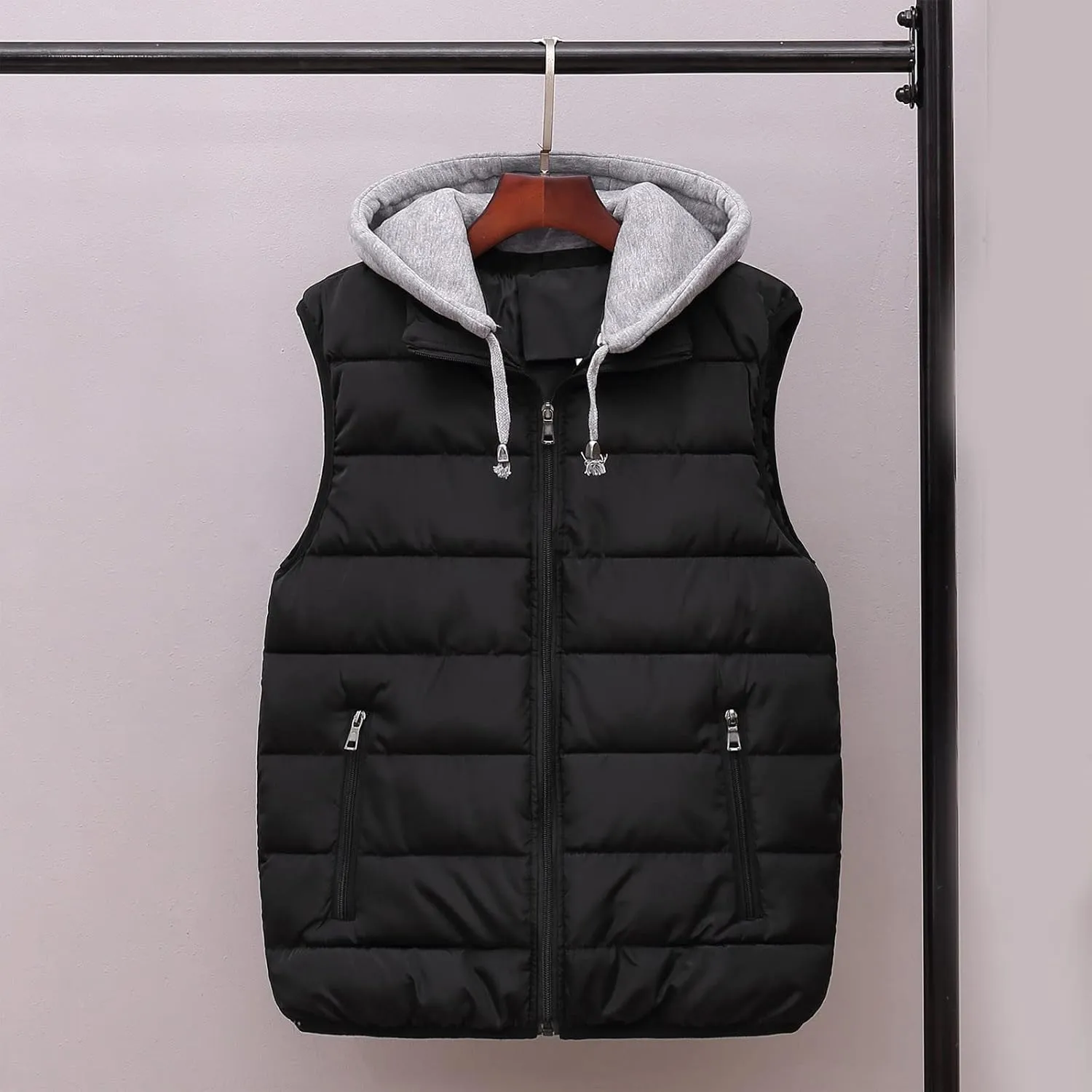 Men's Fall Winter Vests Outerwear Removable Hooded Padded Puffer Vest Casual Sleeveless Jacket with Zip Pockets