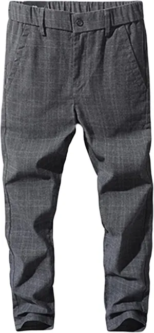 Men's Linen Stretch Comfort Pant Straight Fit Plaid Tapered Suit Pant Lightweight Slim Business Striped Trousers