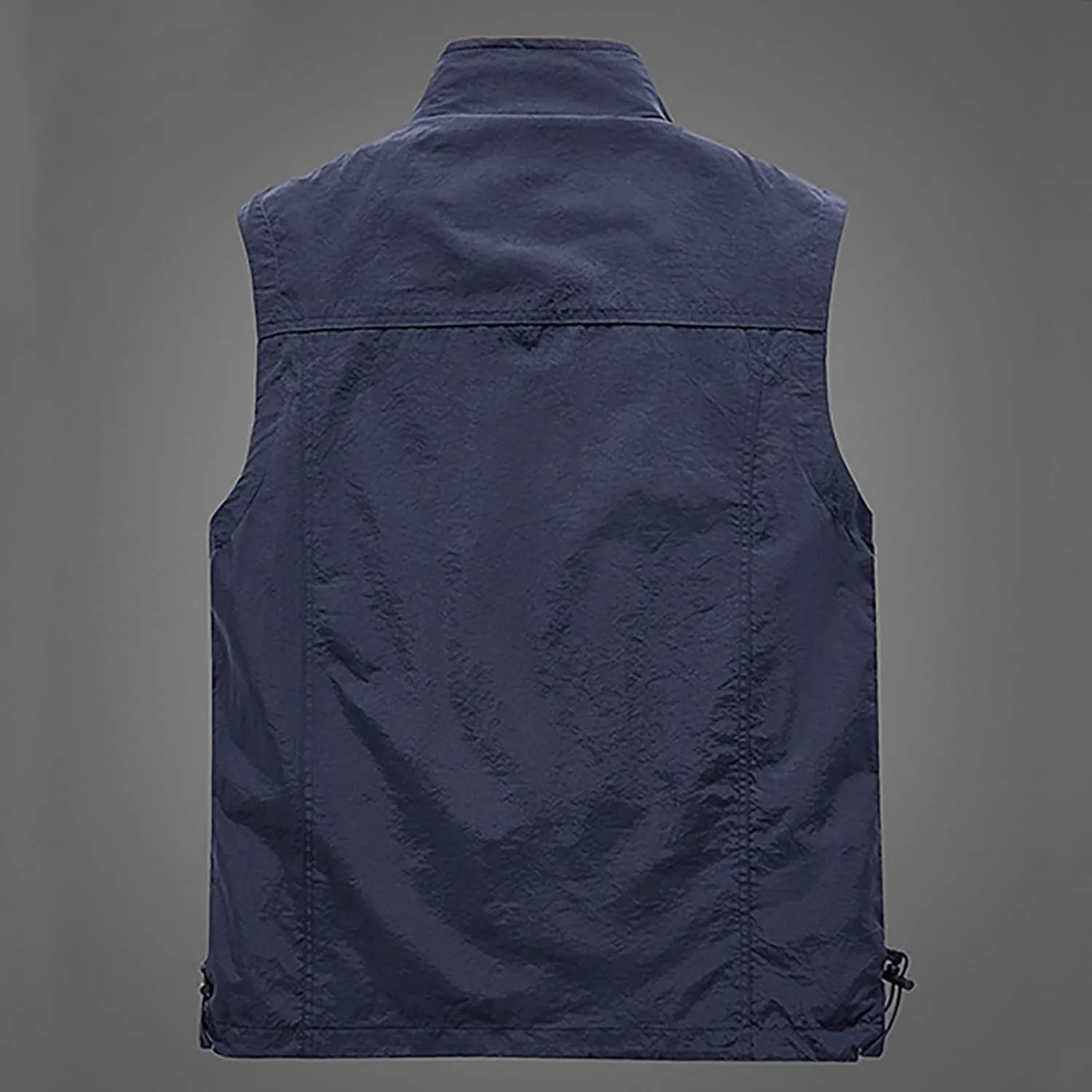 Mens Outdoor Hiking Vest Lightweight Windbreaker Vest Sleeveless Cargo Vest Loose Waistcoat with Zipper Pockets