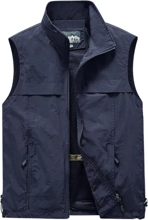 Mens Outdoor Hiking Vest Lightweight Windbreaker Vest Sleeveless Cargo Vest Loose Waistcoat with Zipper Pockets