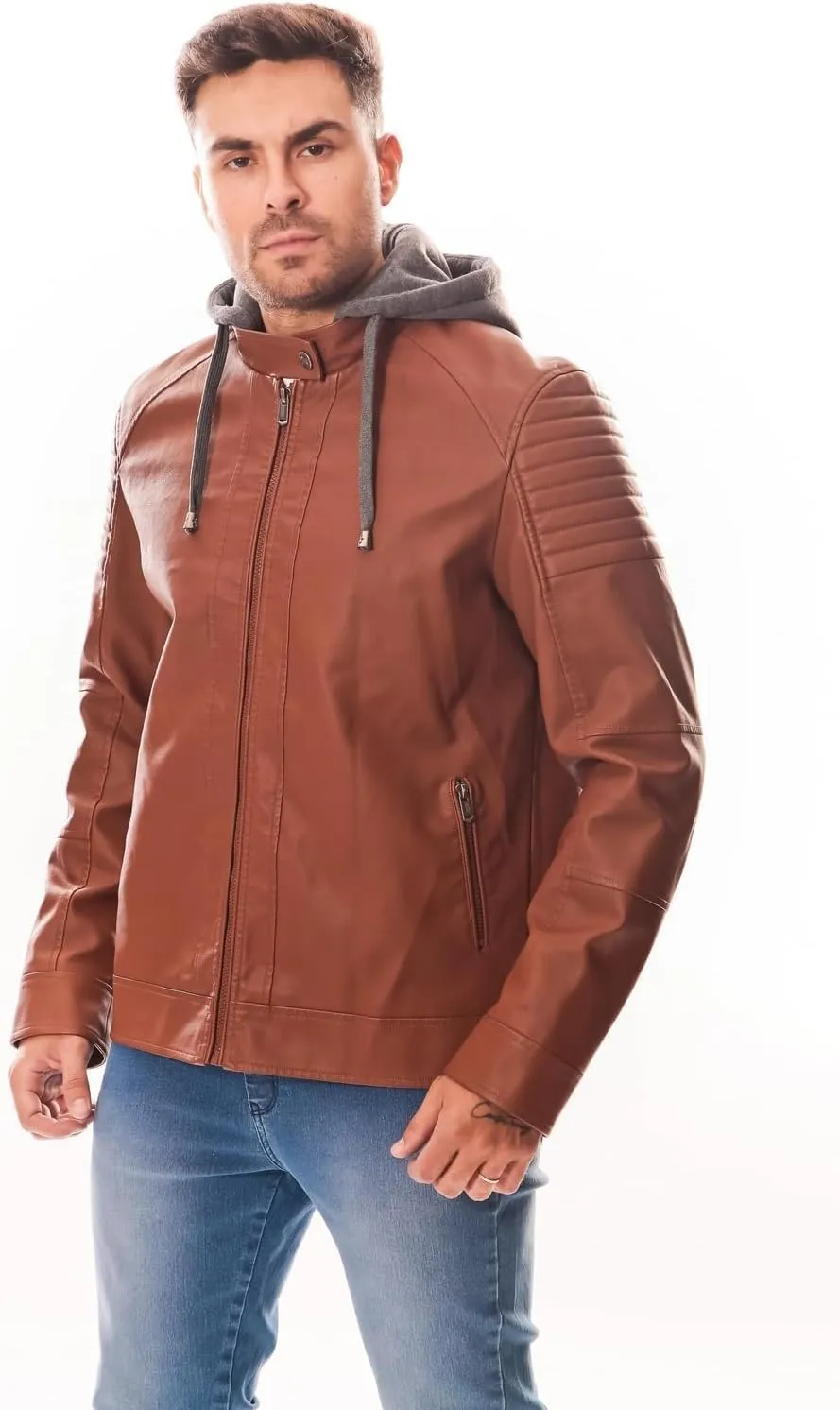 Men's PU Jacket with Hood  Stylish, Functional, Water-Resistant, Zippered Pockets, Confortable, Durable