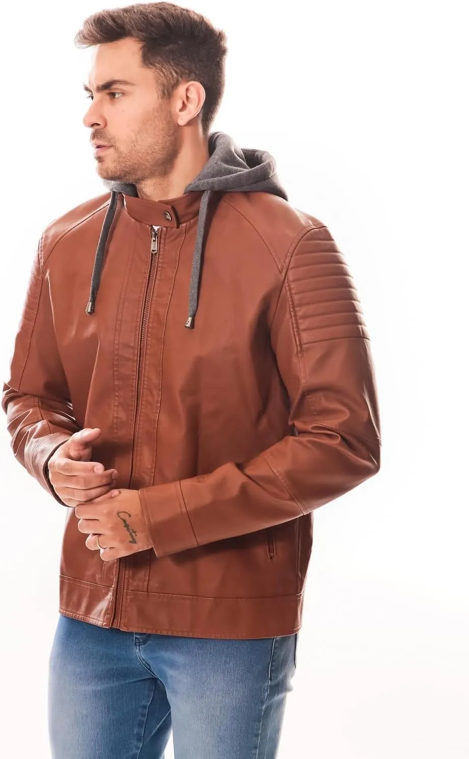 Men's PU Jacket with Hood  Stylish, Functional, Water-Resistant, Zippered Pockets, Confortable, Durable