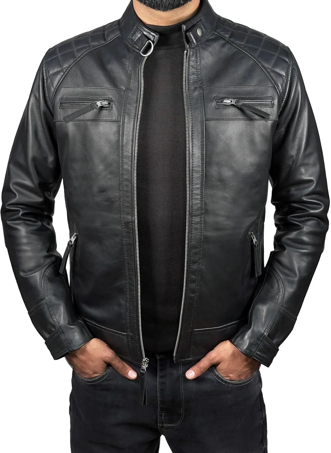Men's Quilted Caf Racer Motorcycle Leather Jacket Men - Mens Leather Coats and Jackets