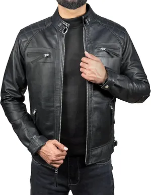 Men's Quilted Caf Racer Motorcycle Leather Jacket Men - Mens Leather Coats and Jackets