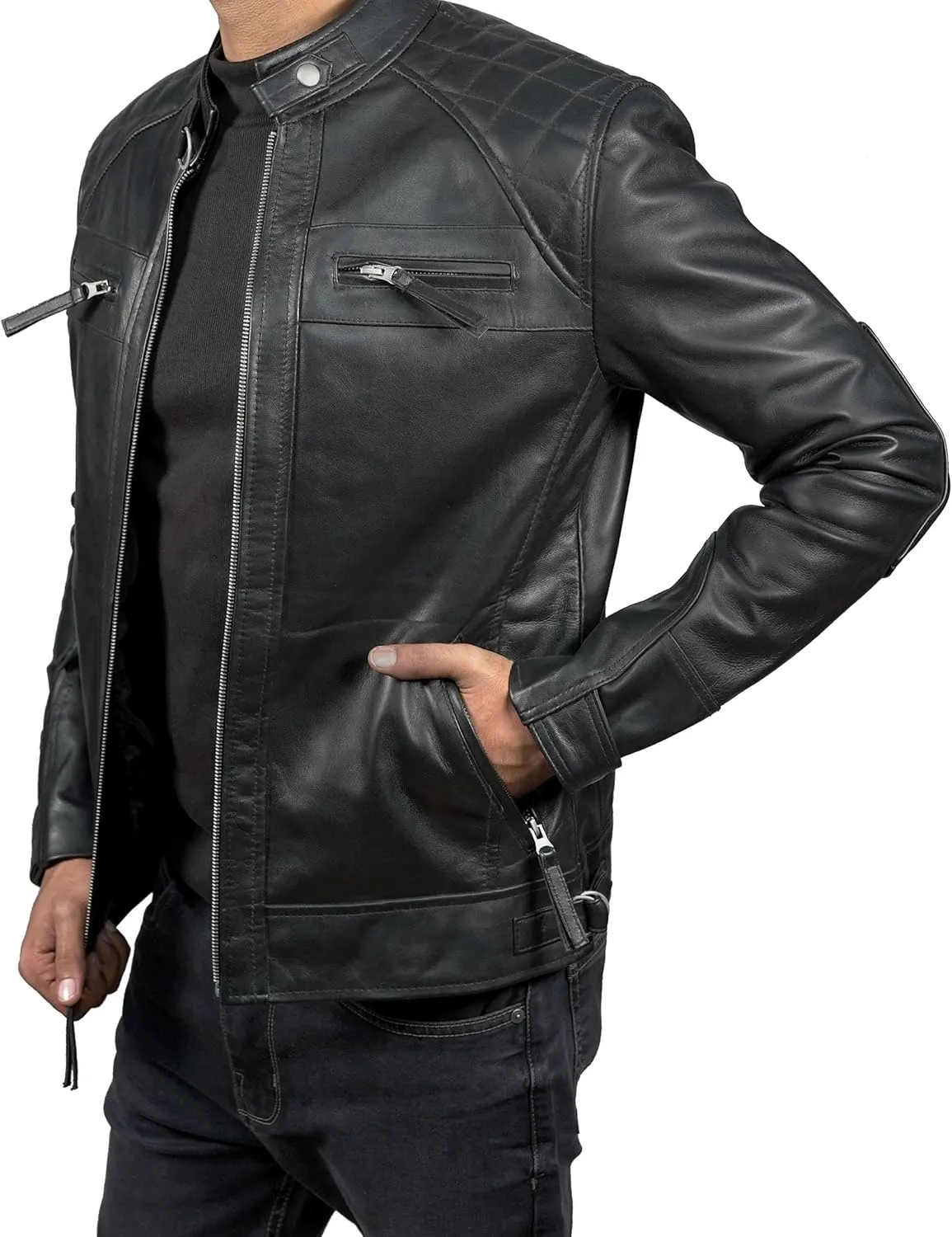 Men's Quilted Caf Racer Motorcycle Leather Jacket Men - Mens Leather Coats and Jackets