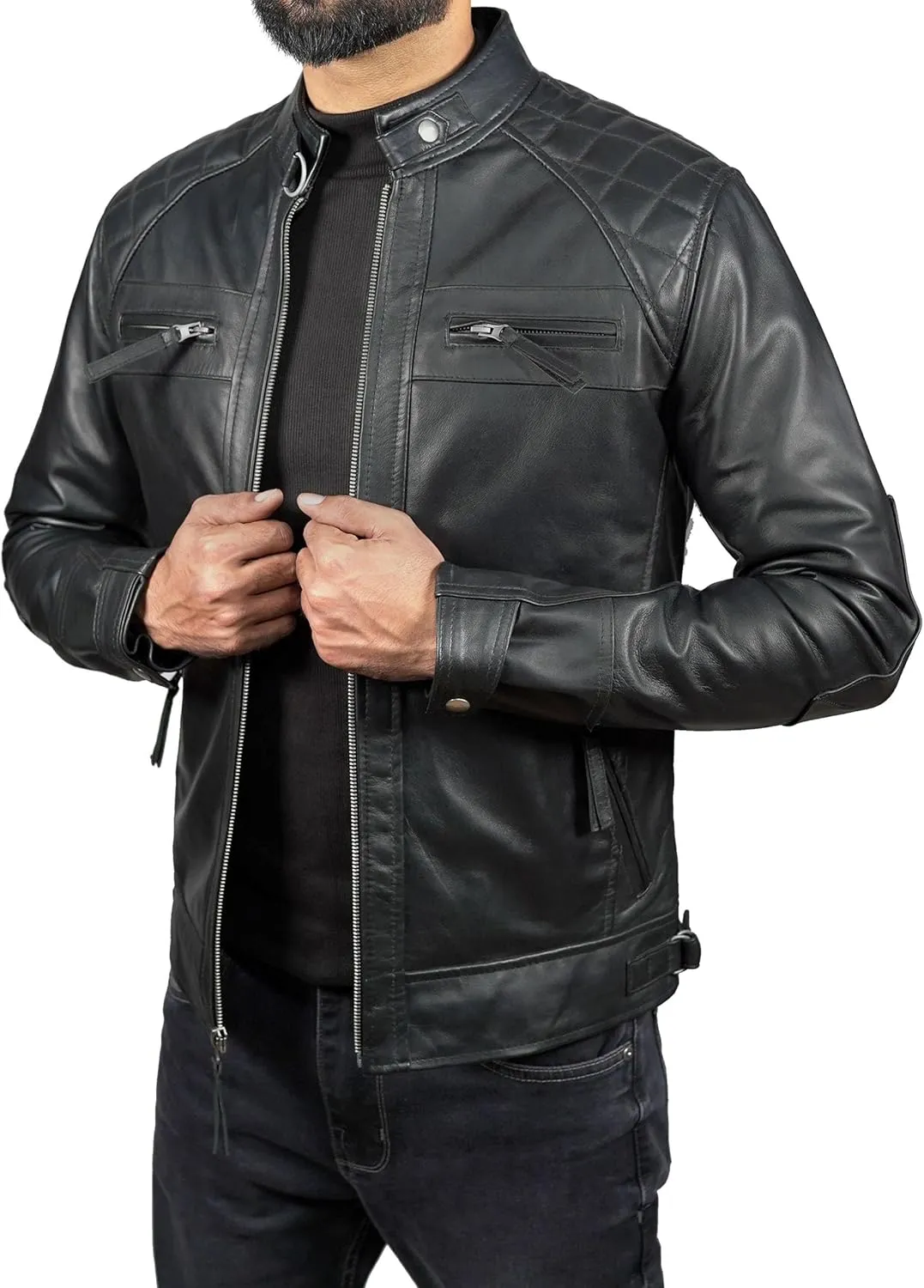 Men's Quilted Caf Racer Motorcycle Leather Jacket Men - Mens Leather Coats and Jackets