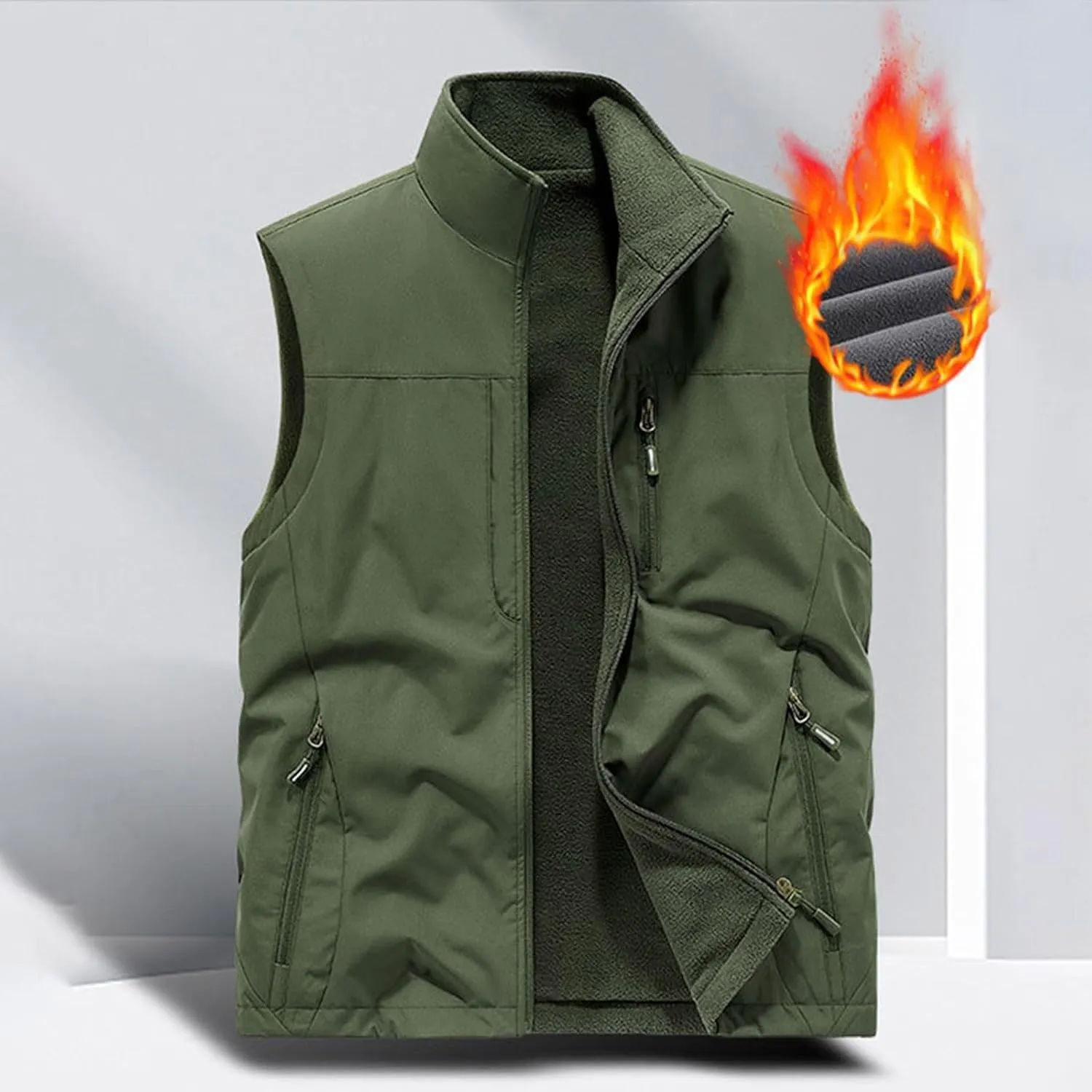 Men's Reversible Casual Vest Stand Collar Flannel Fleece Lined Vest Outdoor Work Windproof Sleeveless Jacket