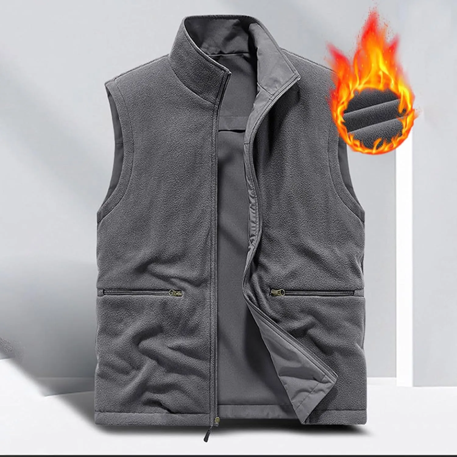 Men's Reversible Casual Vest Stand Collar Flannel Fleece Lined Vest Outdoor Work Windproof Sleeveless Jacket