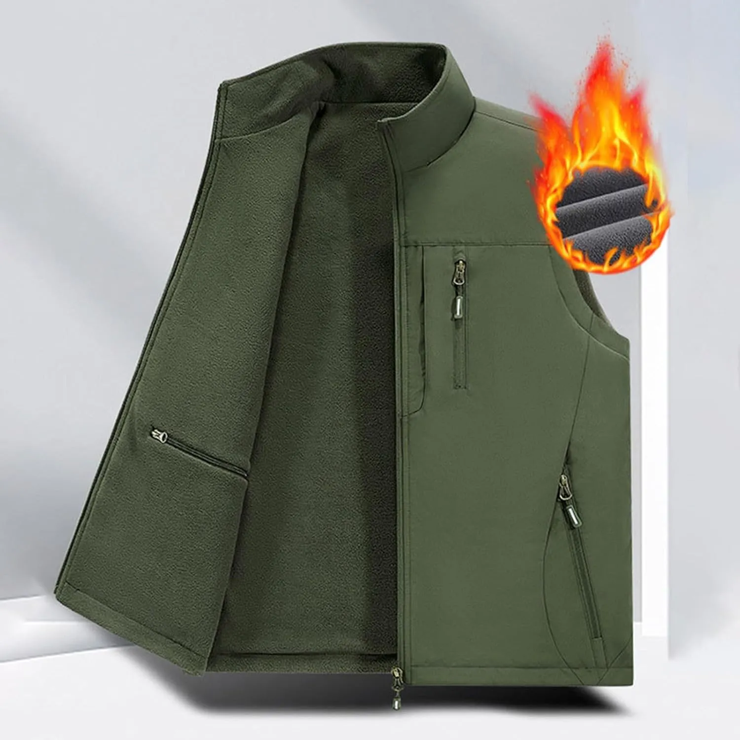 Men's Reversible Casual Vest Stand Collar Flannel Fleece Lined Vest Outdoor Work Windproof Sleeveless Jacket