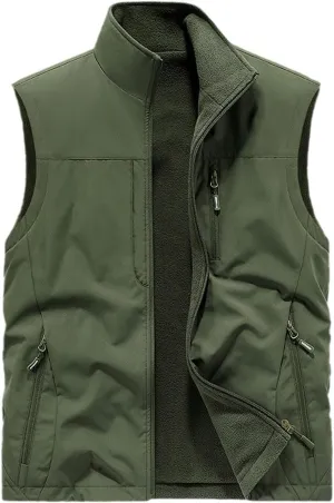 Men's Reversible Casual Vest Stand Collar Flannel Fleece Lined Vest Outdoor Work Windproof Sleeveless Jacket