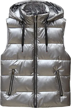 Mens Shiny Metallic Puffer Vest Winter Warm Coat Hoodie Outerwear Sleeveless Jacket Down Puffy Jacket With Pockets