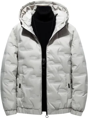 Men's Thickened Short Down Jacket Full Zip Warm Hooded Jacket Fashion Lightweight Windproof Warm Coat with Pockets