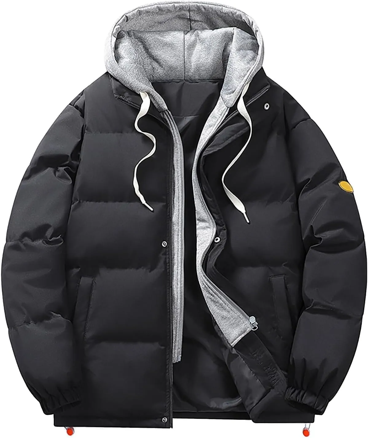 Mens Winter Thicken Puffer Jackets Long Sleeve Solid Full Zip Quilted Lined Down Bubble Coats Hooded Padded Jackets