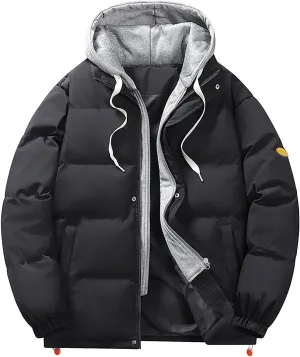 Mens Winter Thicken Puffer Jackets Long Sleeve Solid Full Zip Quilted Lined Down Bubble Coats Hooded Padded Jackets