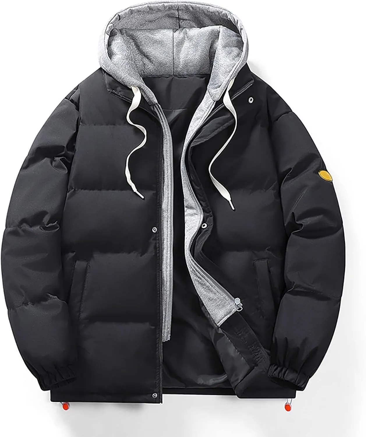 Mens Winter Thicken Puffer Jackets Long Sleeve Solid Full Zip Quilted Lined Down Bubble Coats Hooded Padded Jackets