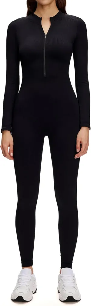 NANJI Front Zip Up Jumpsuits for Women - Long Sleeve Crew Neck Ribbed Seamless Bodycon Romper, Casual Yoga Workout Outfits