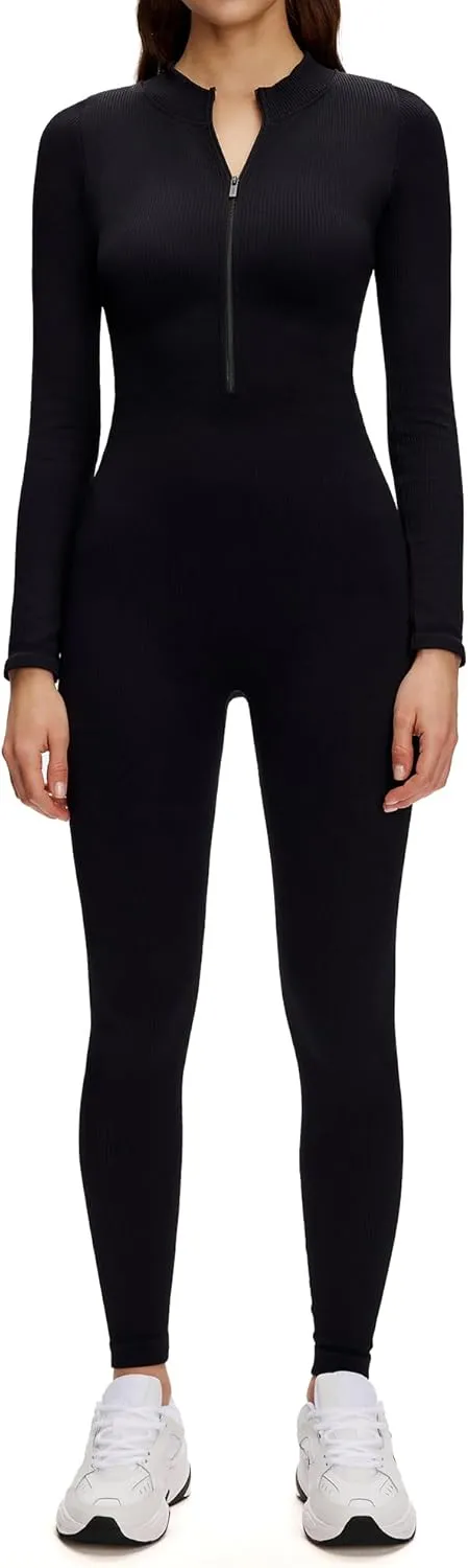NANJI Front Zip Up Jumpsuits for Women - Long Sleeve Crew Neck Ribbed Seamless Bodycon Romper, Casual Yoga Workout Outfits