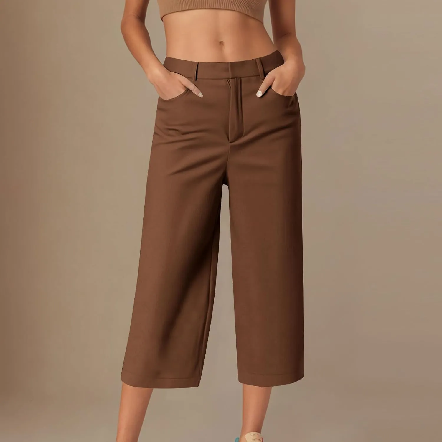 NaRHbrg Capri Pants for Women High Waisted Wide Leg Palazzo Trousers Solid Causal Dressy Pants Loose Lounge Pant with Pockets