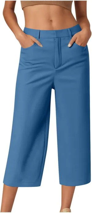 NaRHbrg Capri Pants for Women High Waisted Wide Leg Palazzo Trousers Solid Causal Dressy Pants Loose Lounge Pant with Pockets