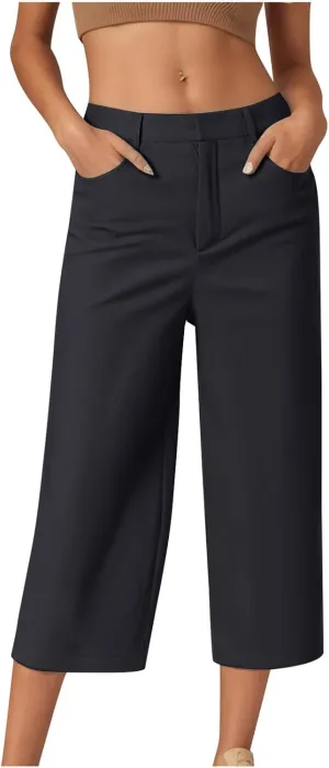 NaRHbrg Capri Pants for Women High Waisted Wide Leg Palazzo Trousers Solid Causal Dressy Pants Loose Lounge Pant with Pockets