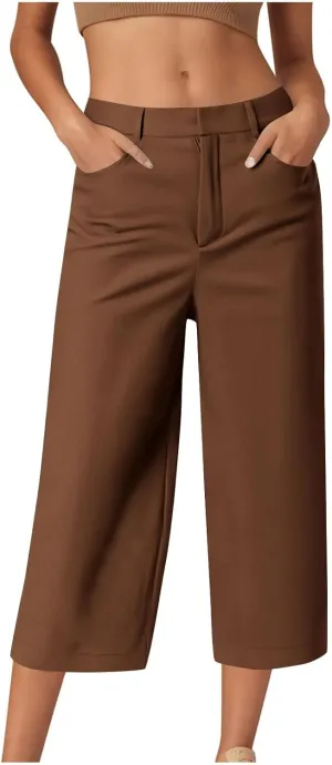 NaRHbrg Capri Pants for Women High Waisted Wide Leg Palazzo Trousers Solid Causal Dressy Pants Loose Lounge Pant with Pockets