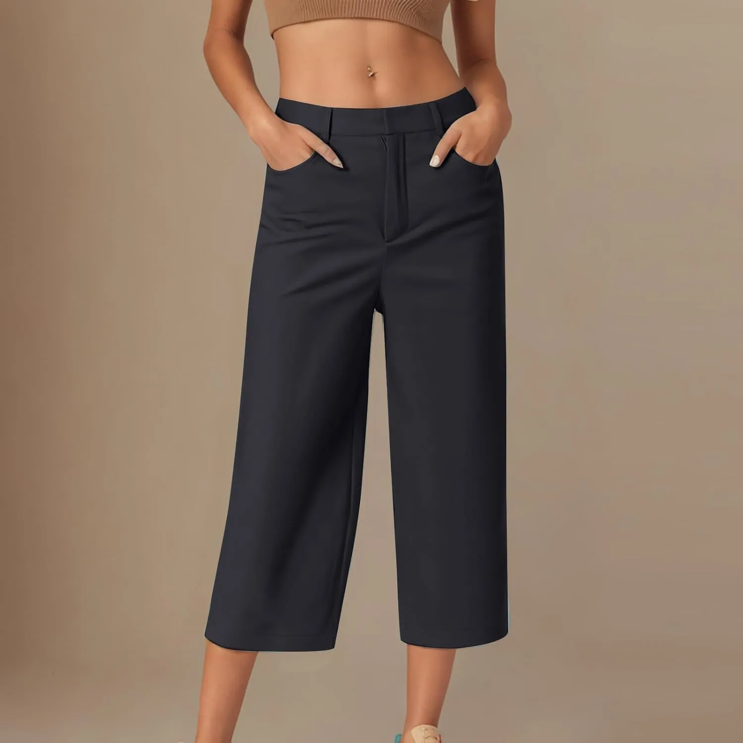 NaRHbrg Capri Pants for Women High Waisted Wide Leg Palazzo Trousers Solid Causal Dressy Pants Loose Lounge Pant with Pockets