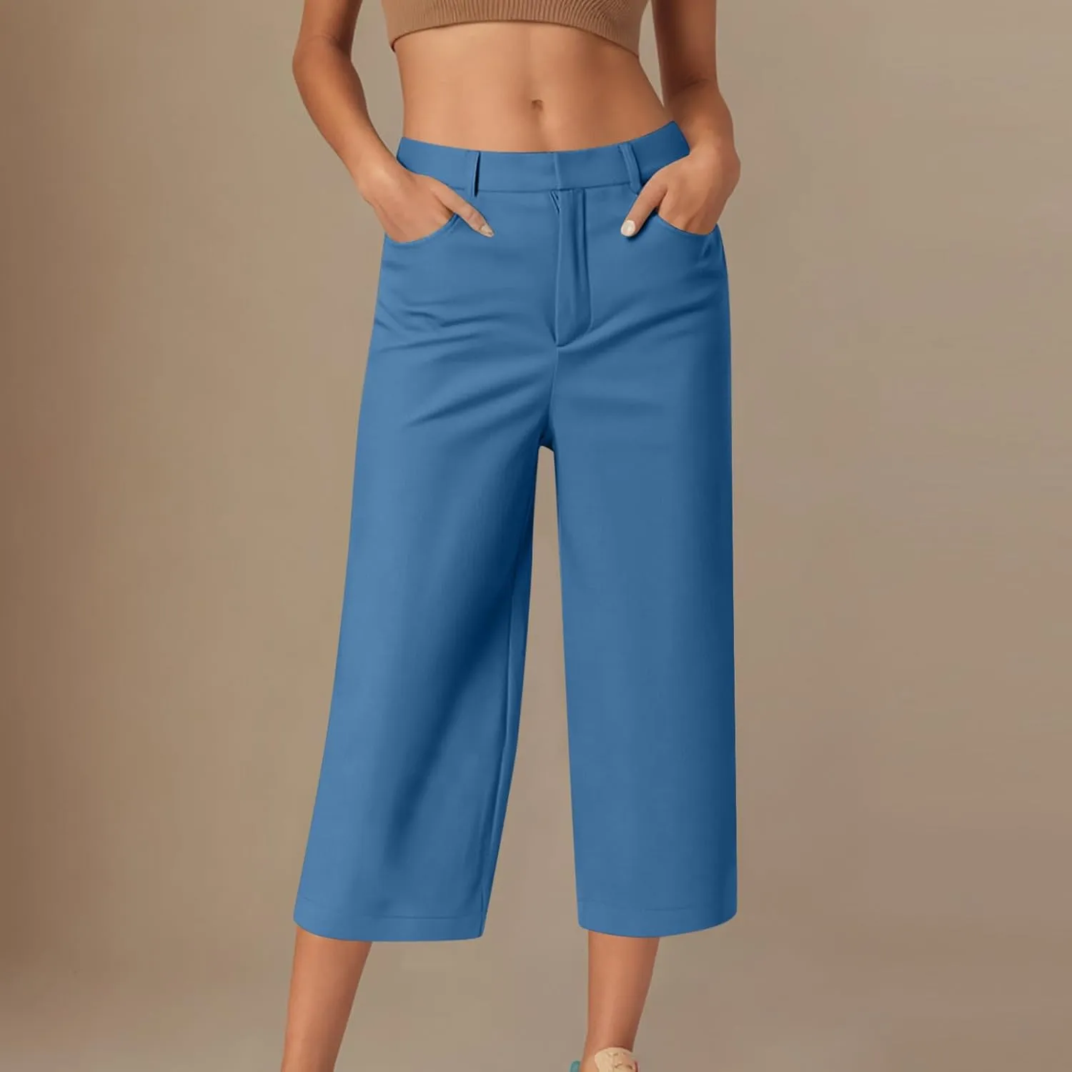 NaRHbrg Capri Pants for Women High Waisted Wide Leg Palazzo Trousers Solid Causal Dressy Pants Loose Lounge Pant with Pockets