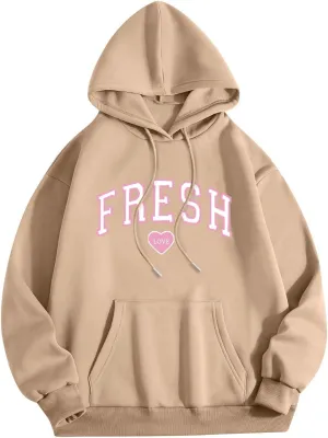 Oversized Hoodies for Women Men Fresh Love Pink Letter Graphic Drawstring Pocket Hooded Sweatshirt Comfort Hoodie