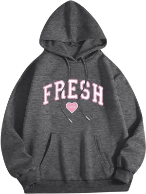 Oversized Hoodies for Women Men Fresh Love Pink Letter Graphic Drawstring Pocket Hooded Sweatshirt Comfort Hoodie