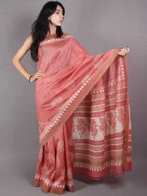Pastel Peach Beige White Hand Block Printed in Natural Vegetable Colors Chanderi Saree With Geecha Border - S03170371