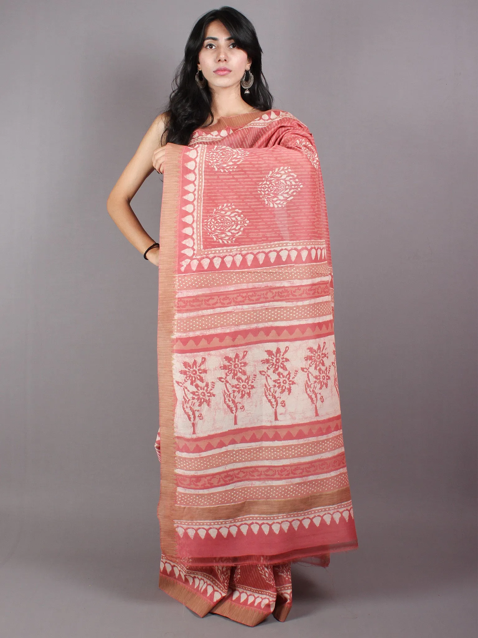 Pastel Peach Beige White Hand Block Printed in Natural Vegetable Colors Chanderi Saree With Geecha Border - S03170371