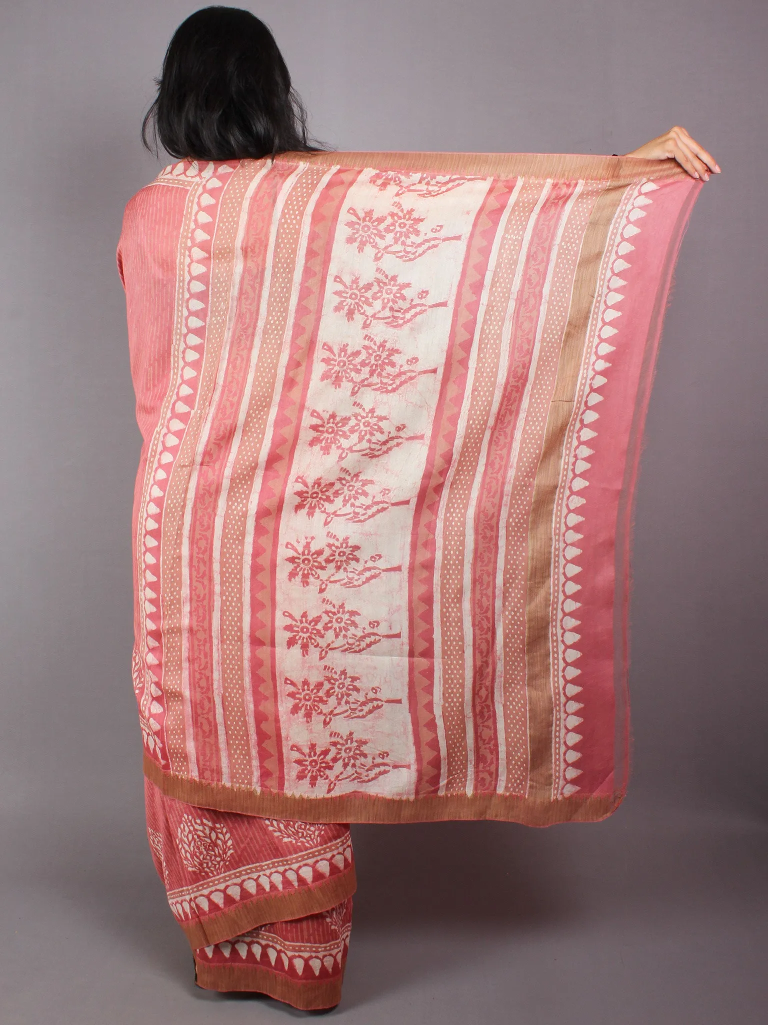 Pastel Peach Beige White Hand Block Printed in Natural Vegetable Colors Chanderi Saree With Geecha Border - S03170371