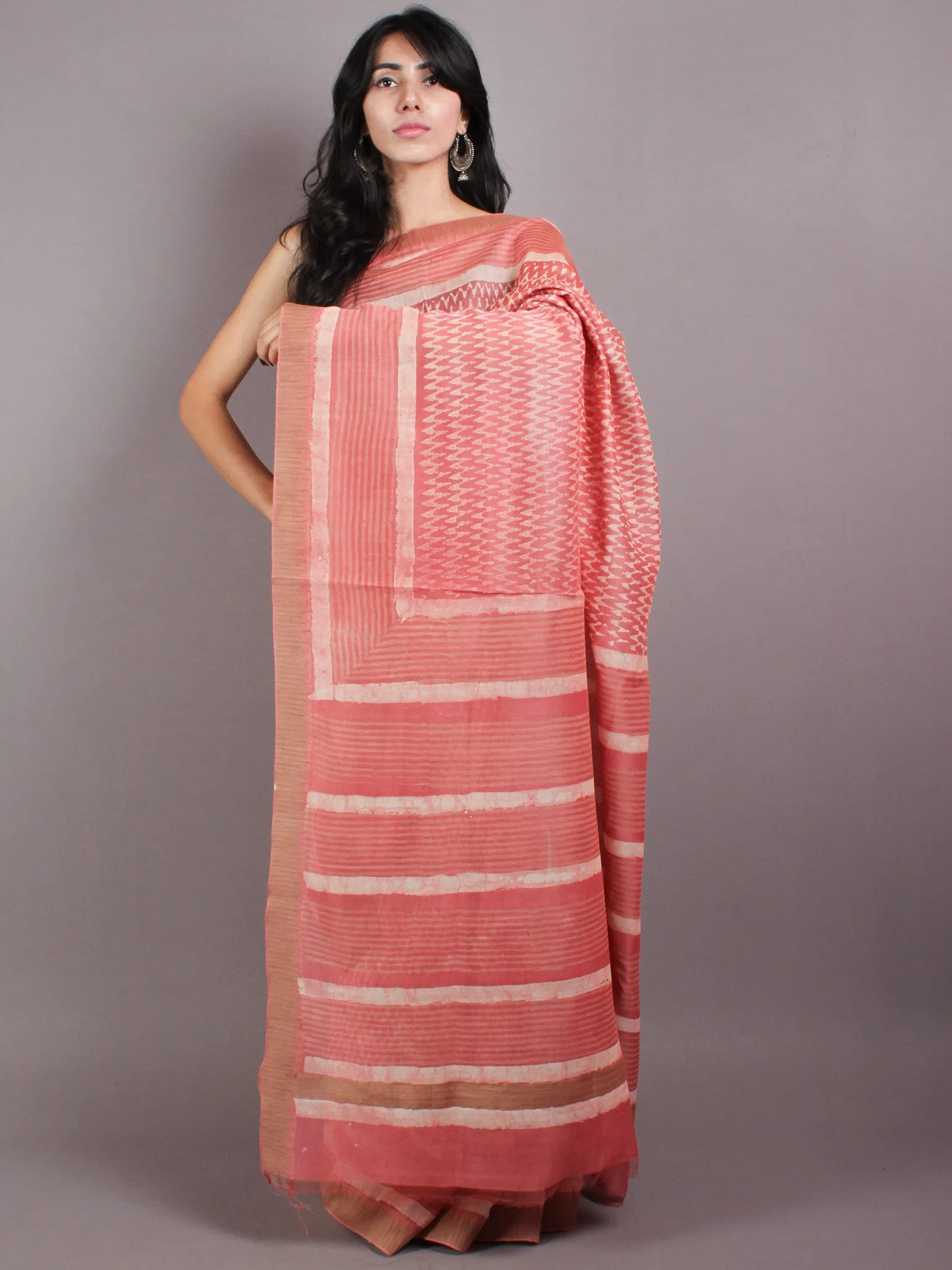 Pastel Peach Beige White Hand Block Printed in Natural Vegetable Colors Chanderi Saree With Geecha Border - S03170378
