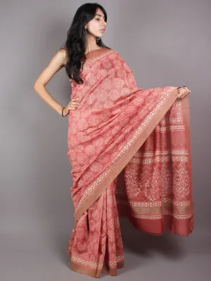Pastel Peach Beige White Hand Block Printed in Natural Vegetable Colors Chanderi Saree With Geecha Border - S03170385