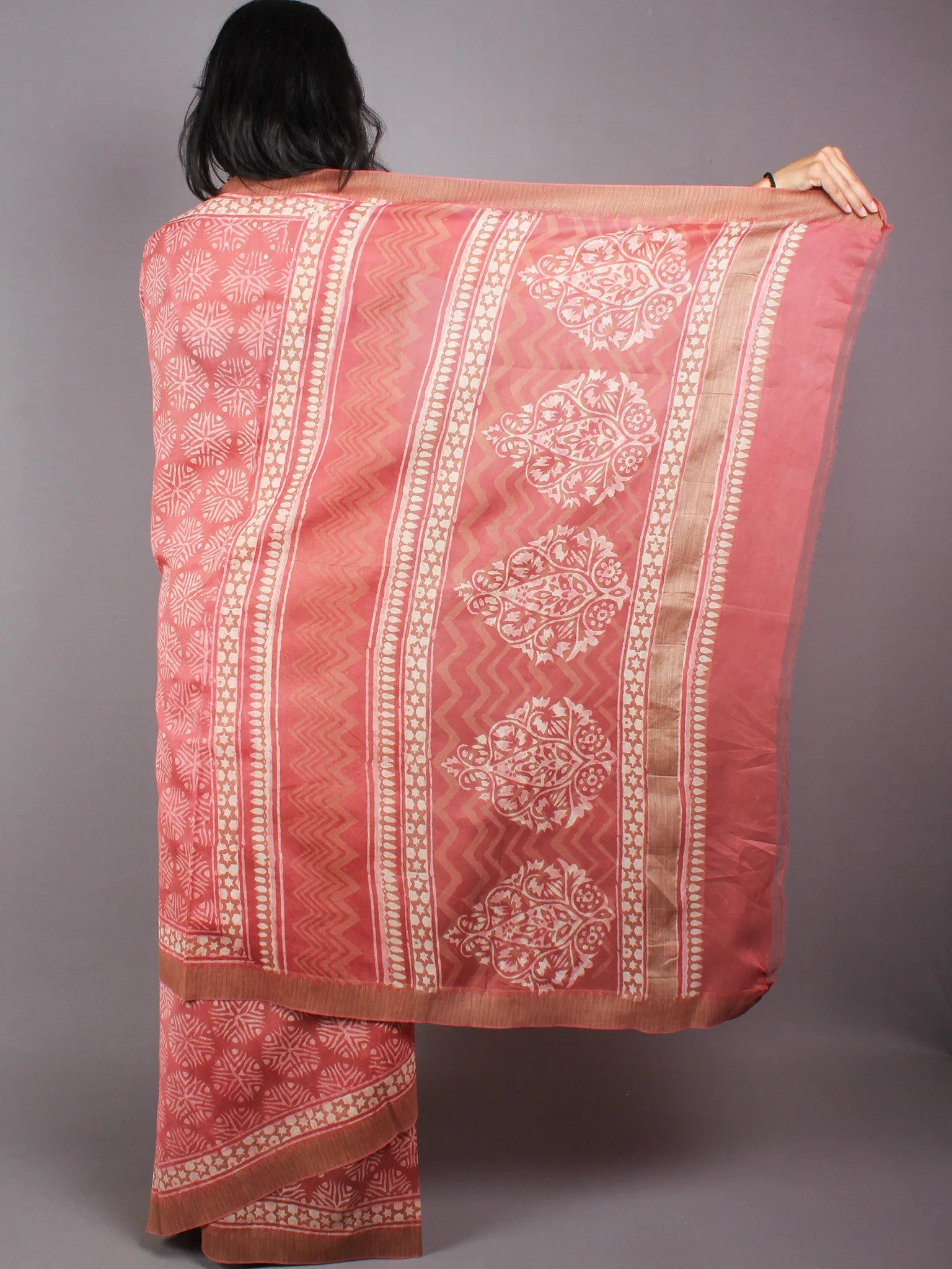 Pastel Peach Beige White Hand Block Printed in Natural Vegetable Colors Chanderi Saree With Geecha Border - S03170385