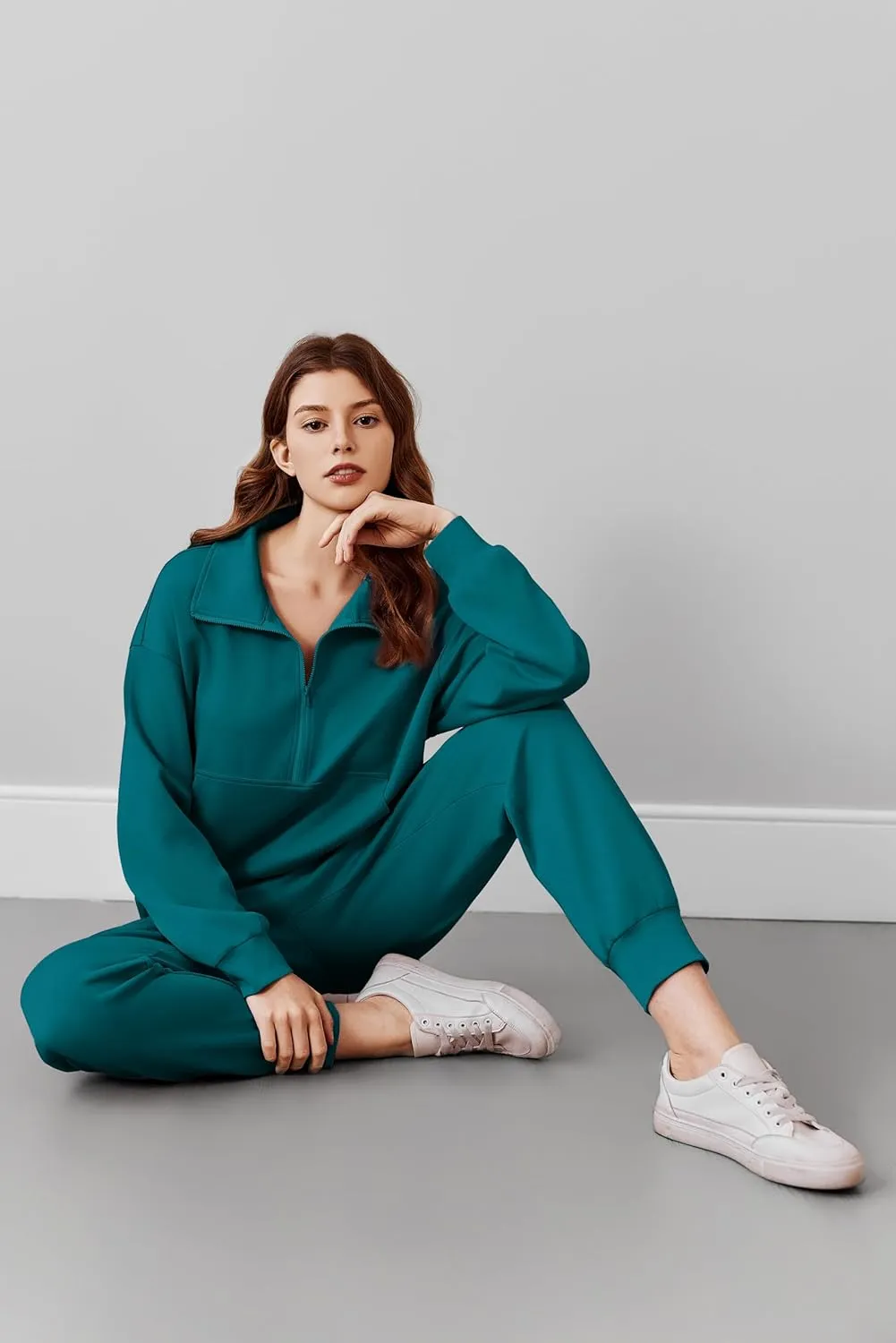 PINSPARK 2 Piece Sets for Women 2024 Fall Travel Outfits Long Sleeve Tracksuit Joggers Sets Half Zip Sweatsuit Matching Set