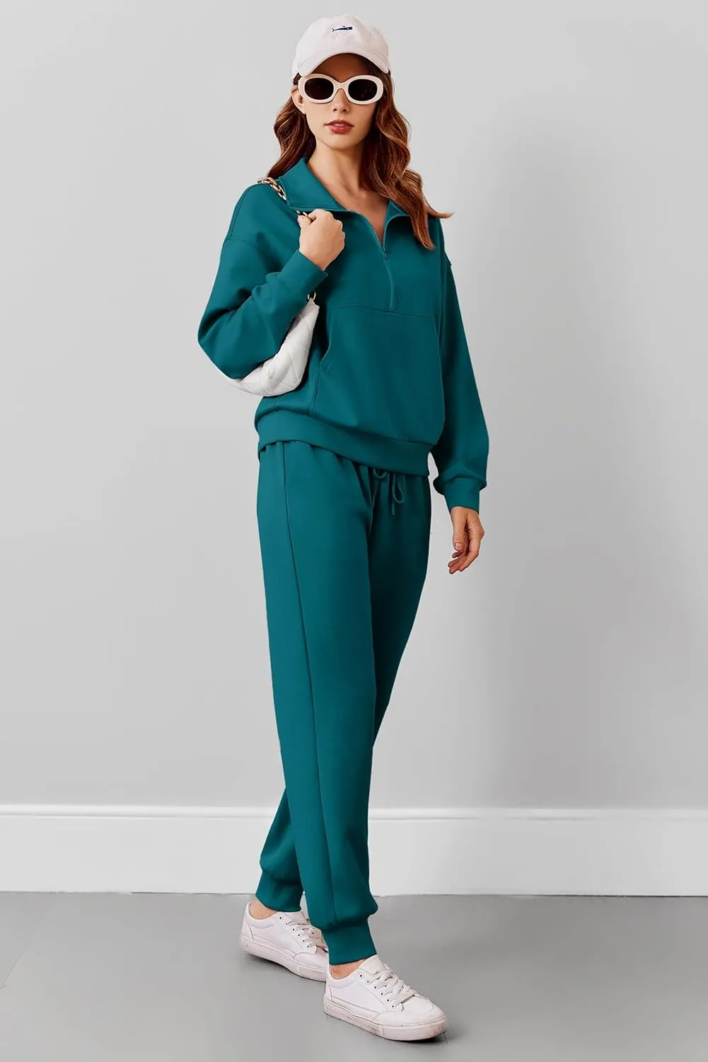 PINSPARK 2 Piece Sets for Women 2024 Fall Travel Outfits Long Sleeve Tracksuit Joggers Sets Half Zip Sweatsuit Matching Set