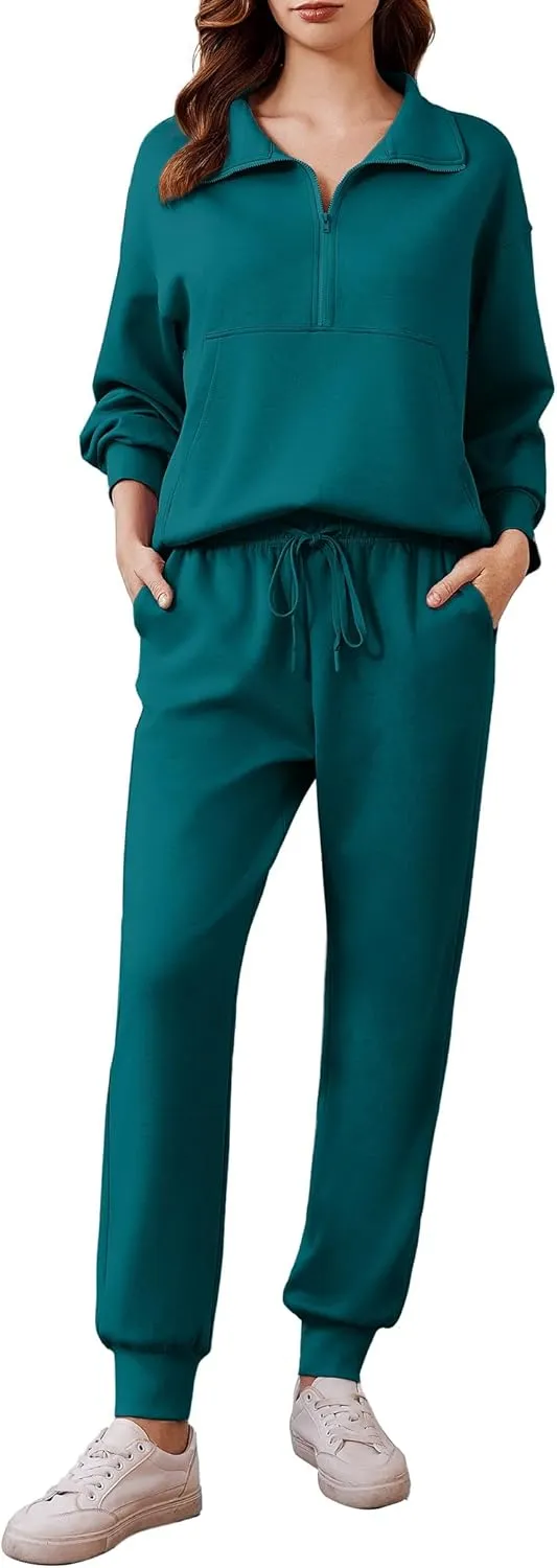 PINSPARK 2 Piece Sets for Women 2024 Fall Travel Outfits Long Sleeve Tracksuit Joggers Sets Half Zip Sweatsuit Matching Set
