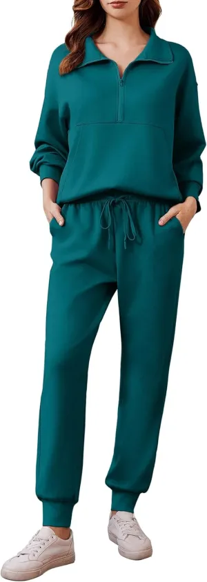 PINSPARK 2 Piece Sets for Women 2024 Fall Travel Outfits Long Sleeve Tracksuit Joggers Sets Half Zip Sweatsuit Matching Set