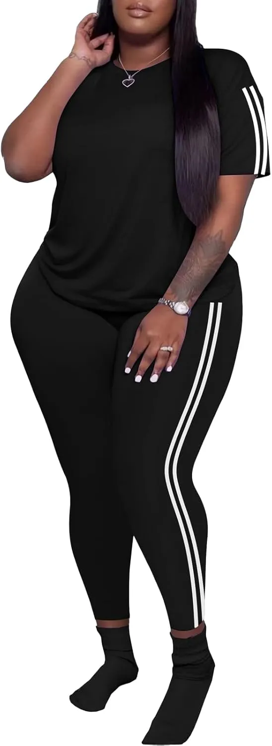 PINSV Women's Plus Size 2 Piece Outfits Tracksuits Short Sleeve Top Pants Sets Sweatsuits