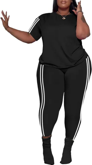 PINSV Women's Plus Size 2 Piece Outfits Tracksuits Short Sleeve Top Pants Sets Sweatsuits