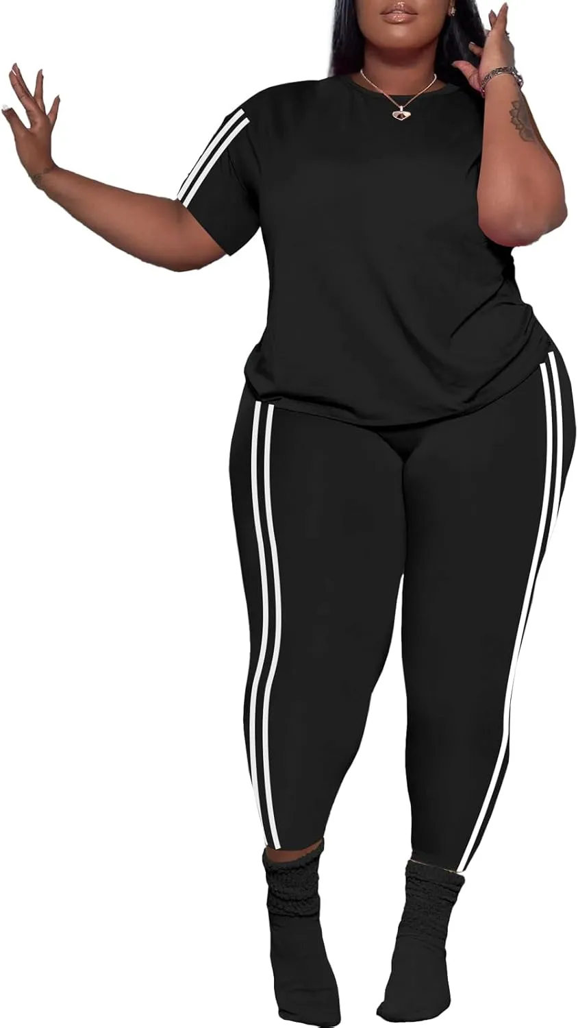 PINSV Women's Plus Size 2 Piece Outfits Tracksuits Short Sleeve Top Pants Sets Sweatsuits