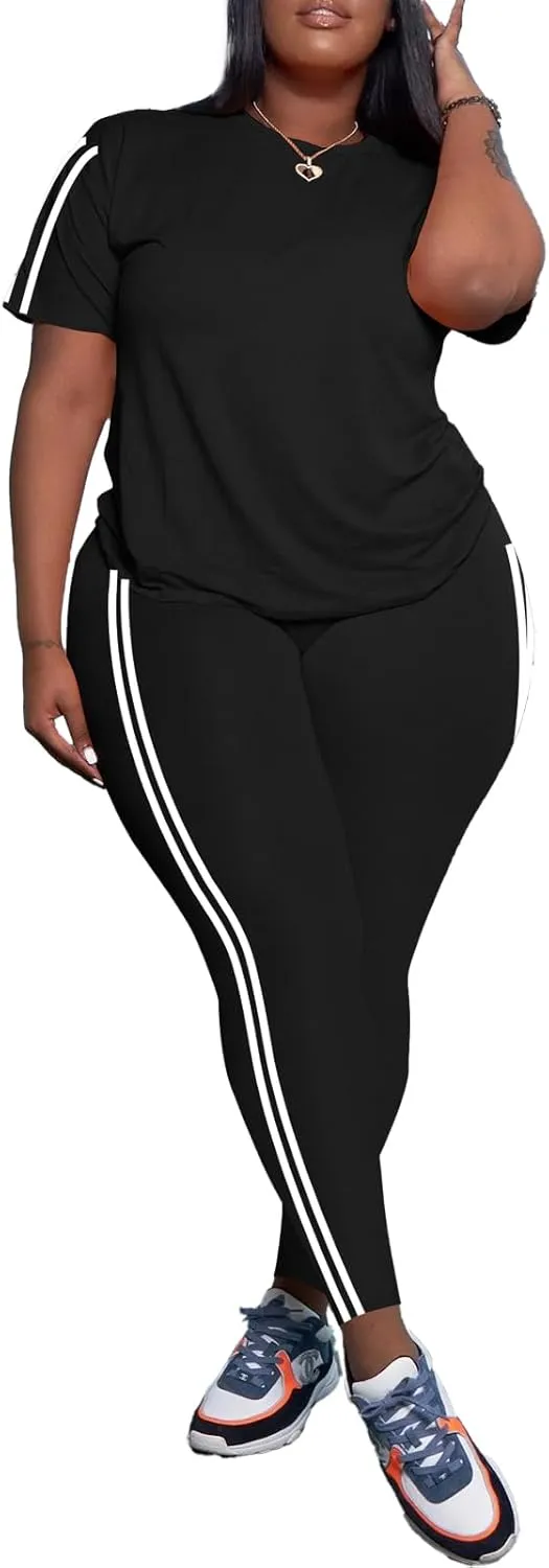 PINSV Women's Plus Size 2 Piece Outfits Tracksuits Short Sleeve Top Pants Sets Sweatsuits
