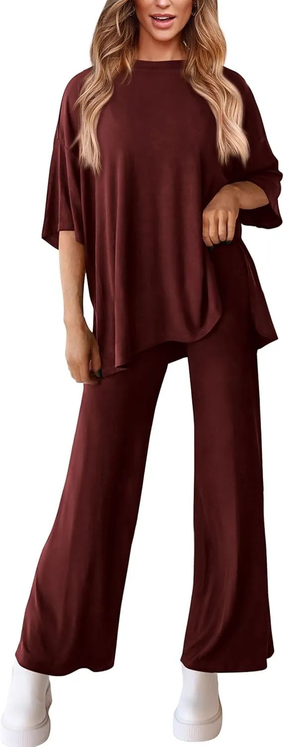 PRETTYGARDEN Women's 2 Piece Outfits Casual Short Sleeve Pullover Tops and Wide Leg Pants Lounge Sets Tracksuits