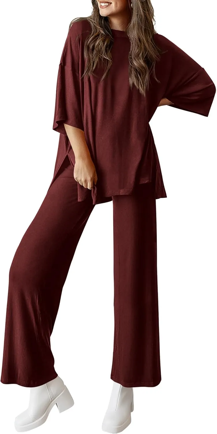 PRETTYGARDEN Women's 2 Piece Outfits Casual Short Sleeve Pullover Tops and Wide Leg Pants Lounge Sets Tracksuits