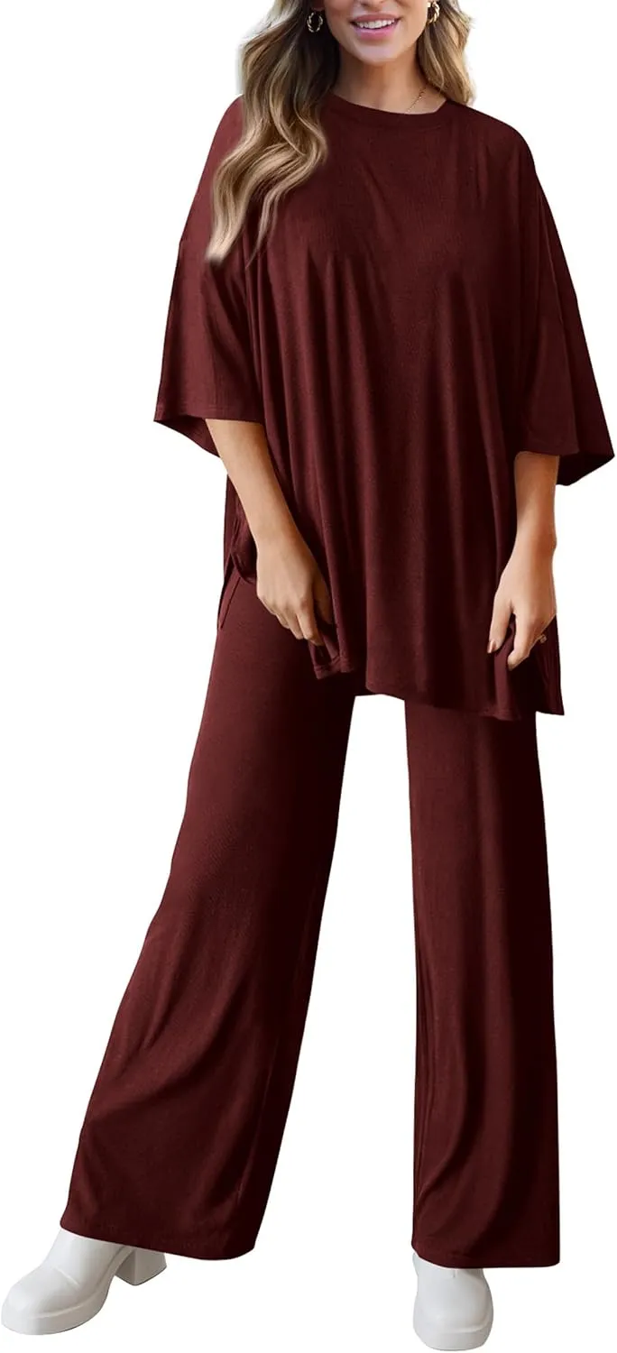 PRETTYGARDEN Women's 2 Piece Outfits Casual Short Sleeve Pullover Tops and Wide Leg Pants Lounge Sets Tracksuits