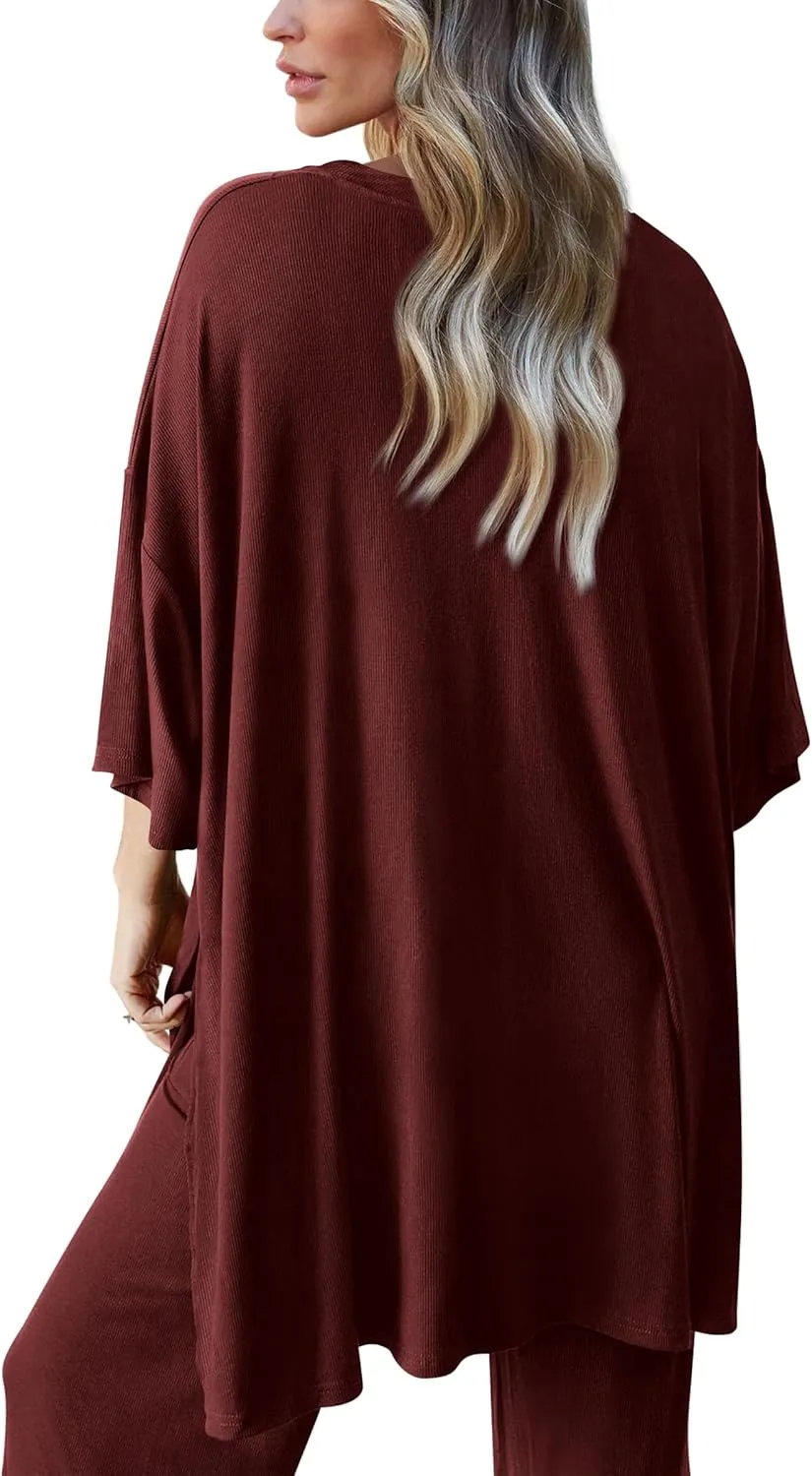 PRETTYGARDEN Women's 2 Piece Outfits Casual Short Sleeve Pullover Tops and Wide Leg Pants Lounge Sets Tracksuits